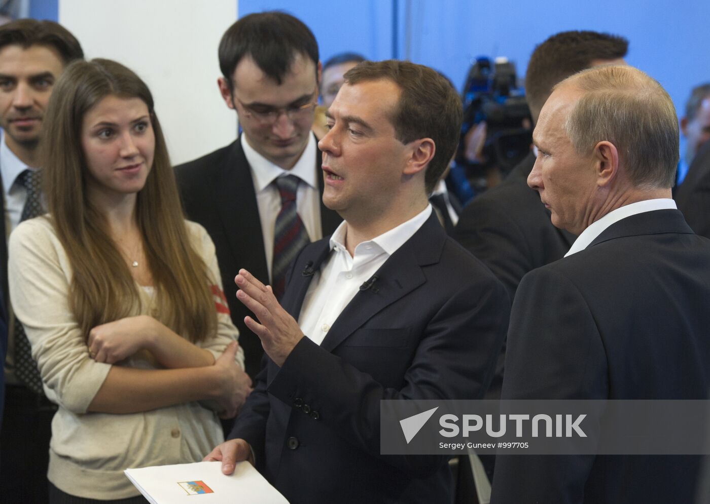 Dmitry Medvedev and Vladimir Putin meet with voters in Moscow