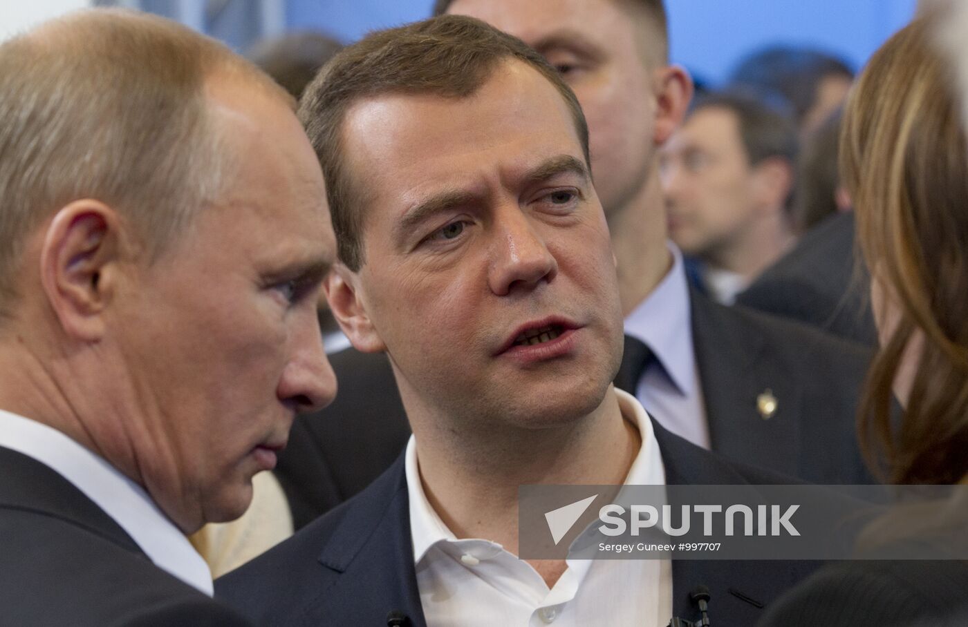 Dmitry Medvedev and Vladimir Putin meet with voters in Moscow