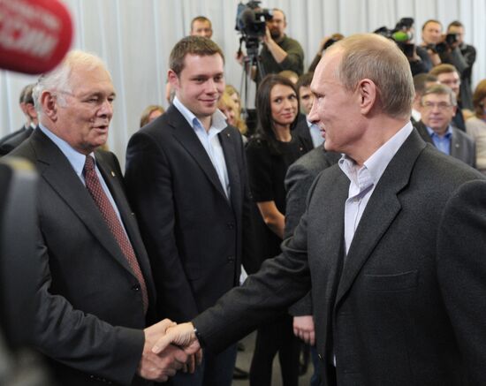 D. Medvedev and V. Putin at main United Russia headquarters