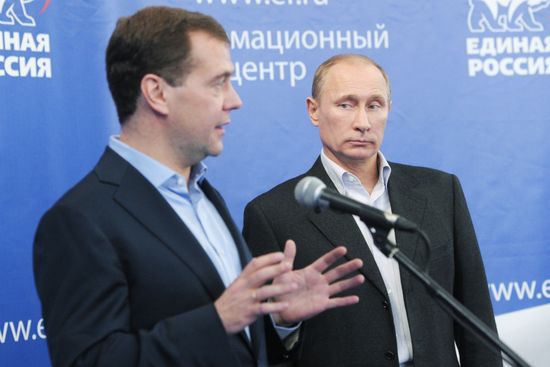 D. Medvedev and V. Putin at main United Russia headquarters