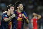 Barcelona players Lionel Messi and David Villa (from left) celebrate a goal scored against the opposing team in the group stage UEFA Champions League 2012/13 match between football clubs Barcelona (Barcelona, Spain) and Spartak (Moscow, Russia). Location: Spain, Barcelona. Author: Alexey Filippov/Sputnik. Football. Champions League. Barcelona vs. Spartak