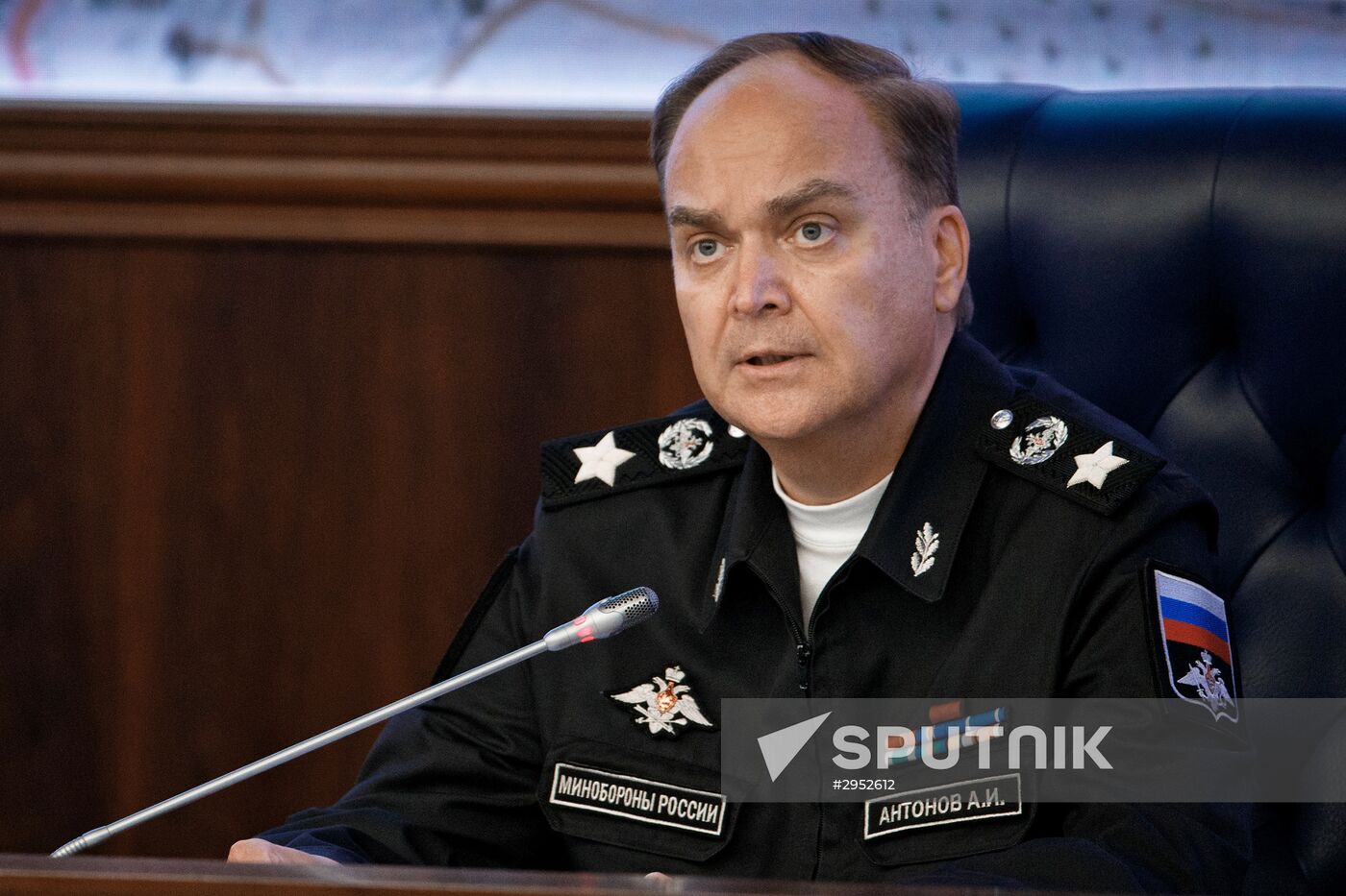 Deputy Defense Minister Anatoly Antonov at a Defense Ministry briefing