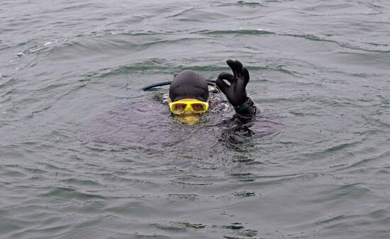 Military swimmers of the Baltic naval base hold training