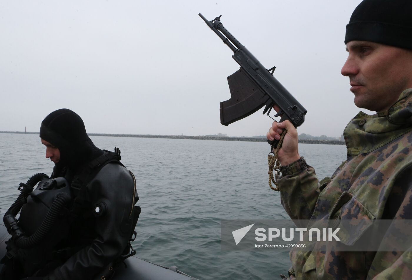 Military swimmers of the Baltic naval base hold training