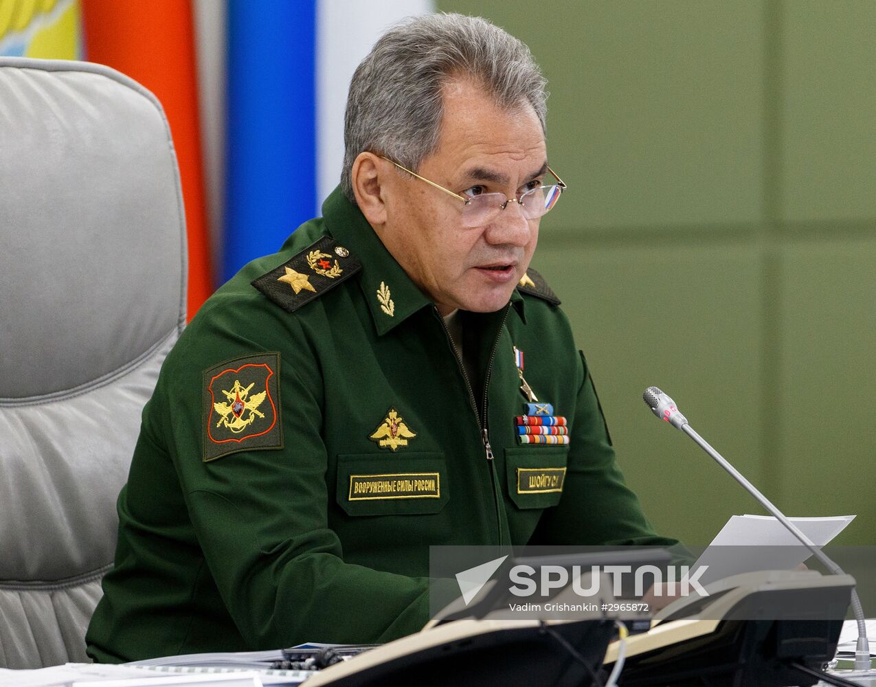 Russian Defense Minister Sergei Shoigu holds teleconference