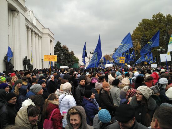 Meeting against high utility charges near Verkhovna Rada building in Kyiv
