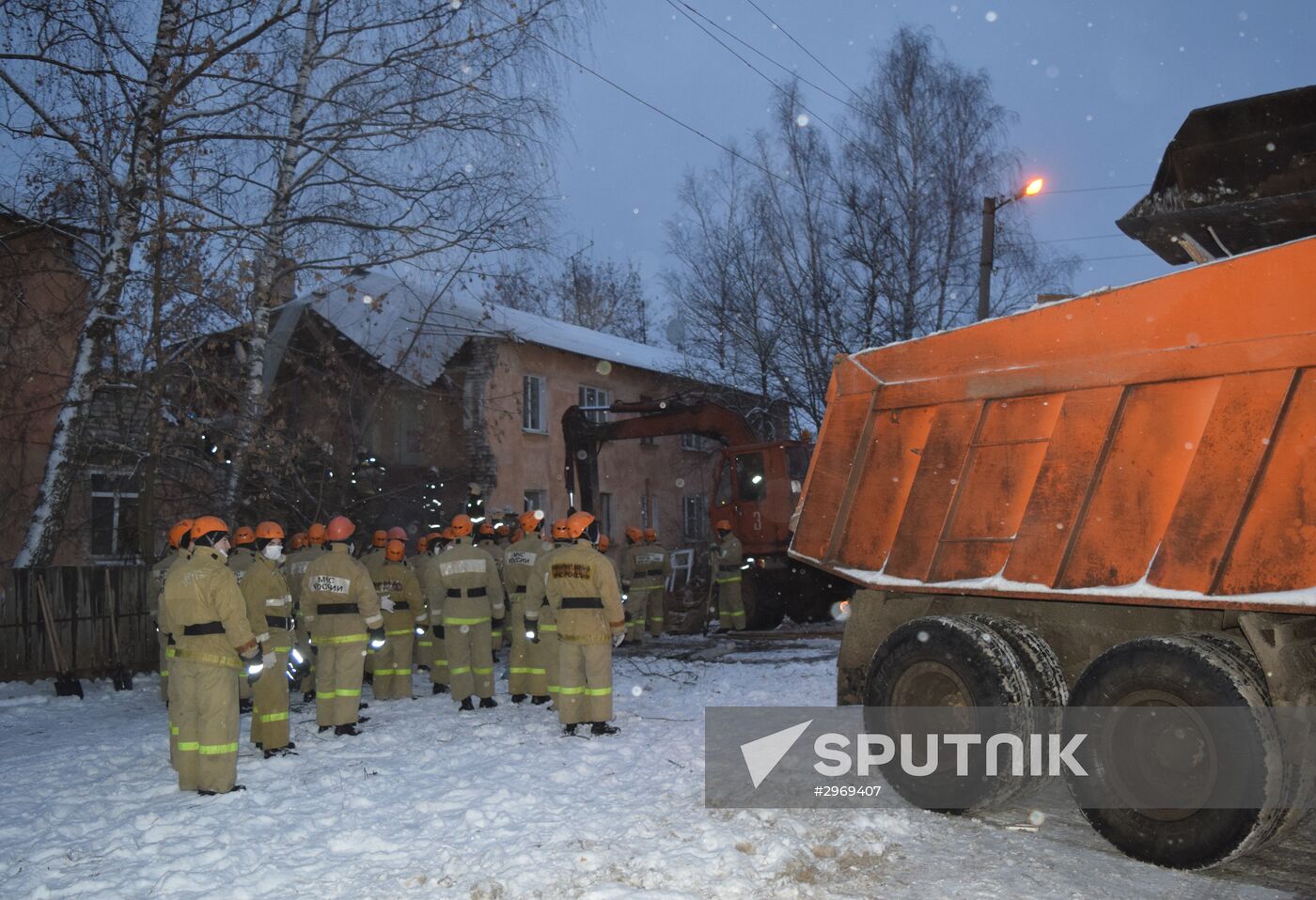 Emergency Ministry's employees work at an explosion site in a residential house in Ivanovo. Location: Russia, Ivanovo. Consequences of gas explosion in residential house in Ivanovo