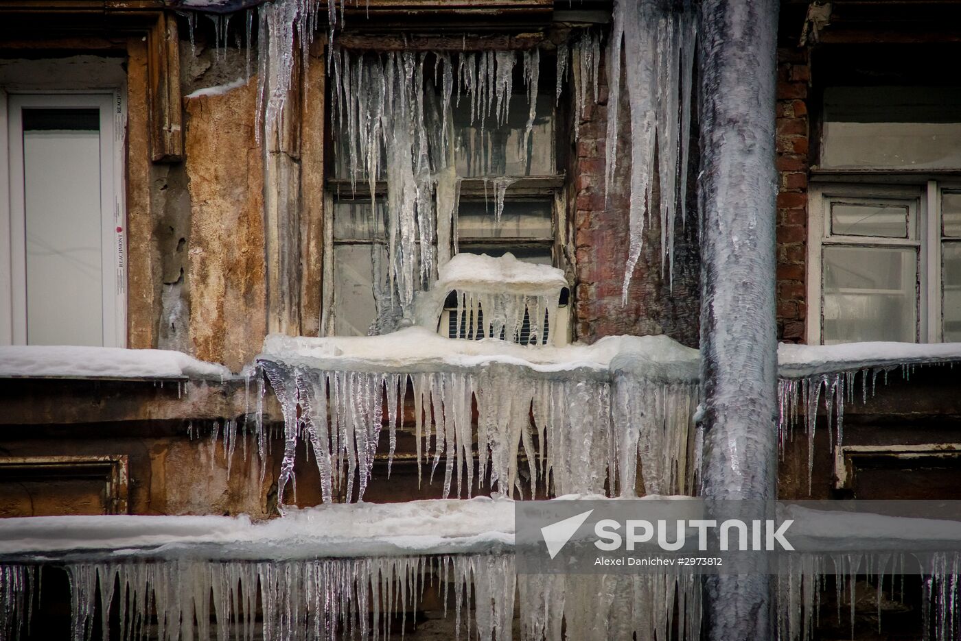 Icicles hanging down from houses in St. Petersburg