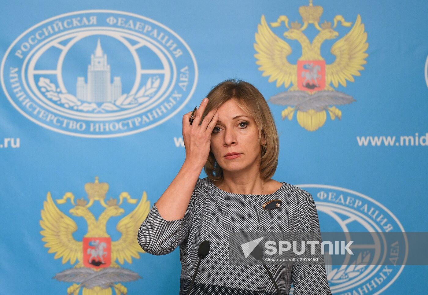 Russian Foreign Ministry Spokesperson Maria Zakharova at a briefing