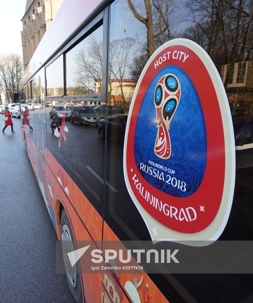 Presentation of city bus with 2018 world football championship symbols in Kaliningrad