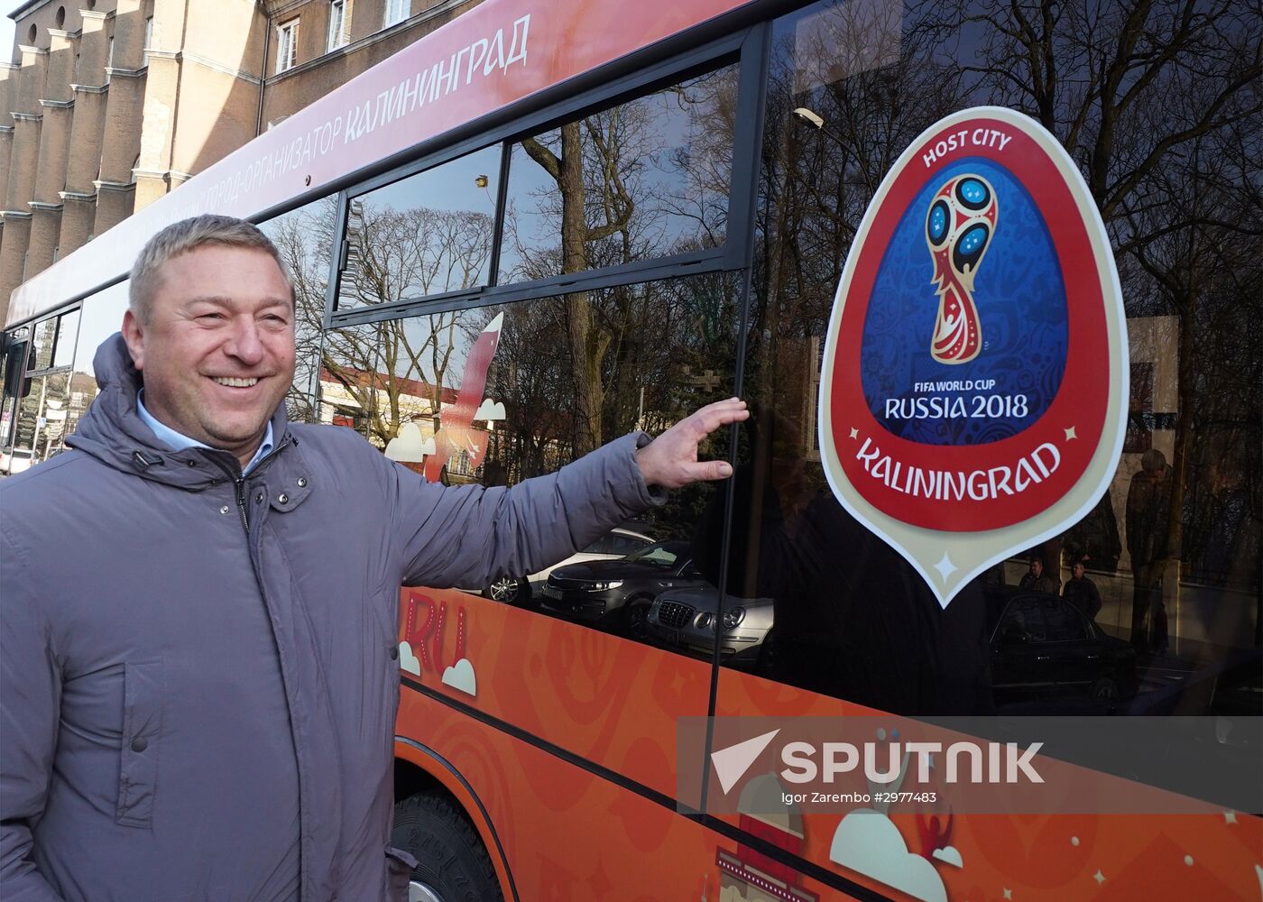 Presentation of city bus with 2018 world football championship symbols in Kaliningrad