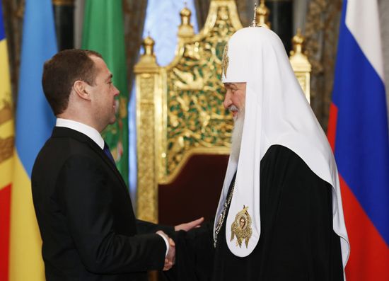 Russian Prime Minister Dmitry Medvedev meets with Patriarch Kirill