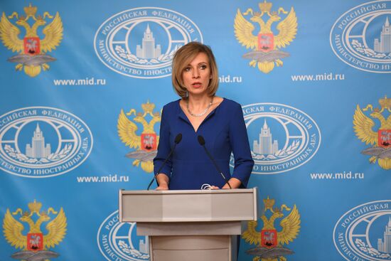 Russian Foreign Ministry Spokesperson Maria Zakharova at a briefing
