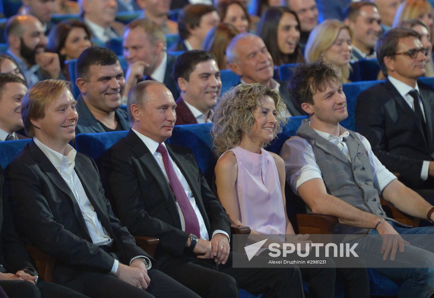 Vladimir Putin at anniversary KVN humor TV game show in Moscow