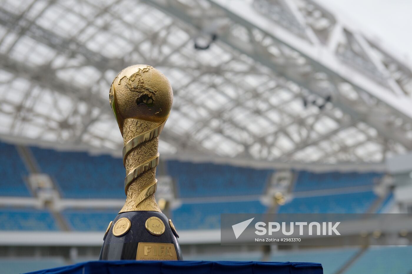 Trophy of FIFA Confederations Cup on display at Fisht Stadium in Sochi