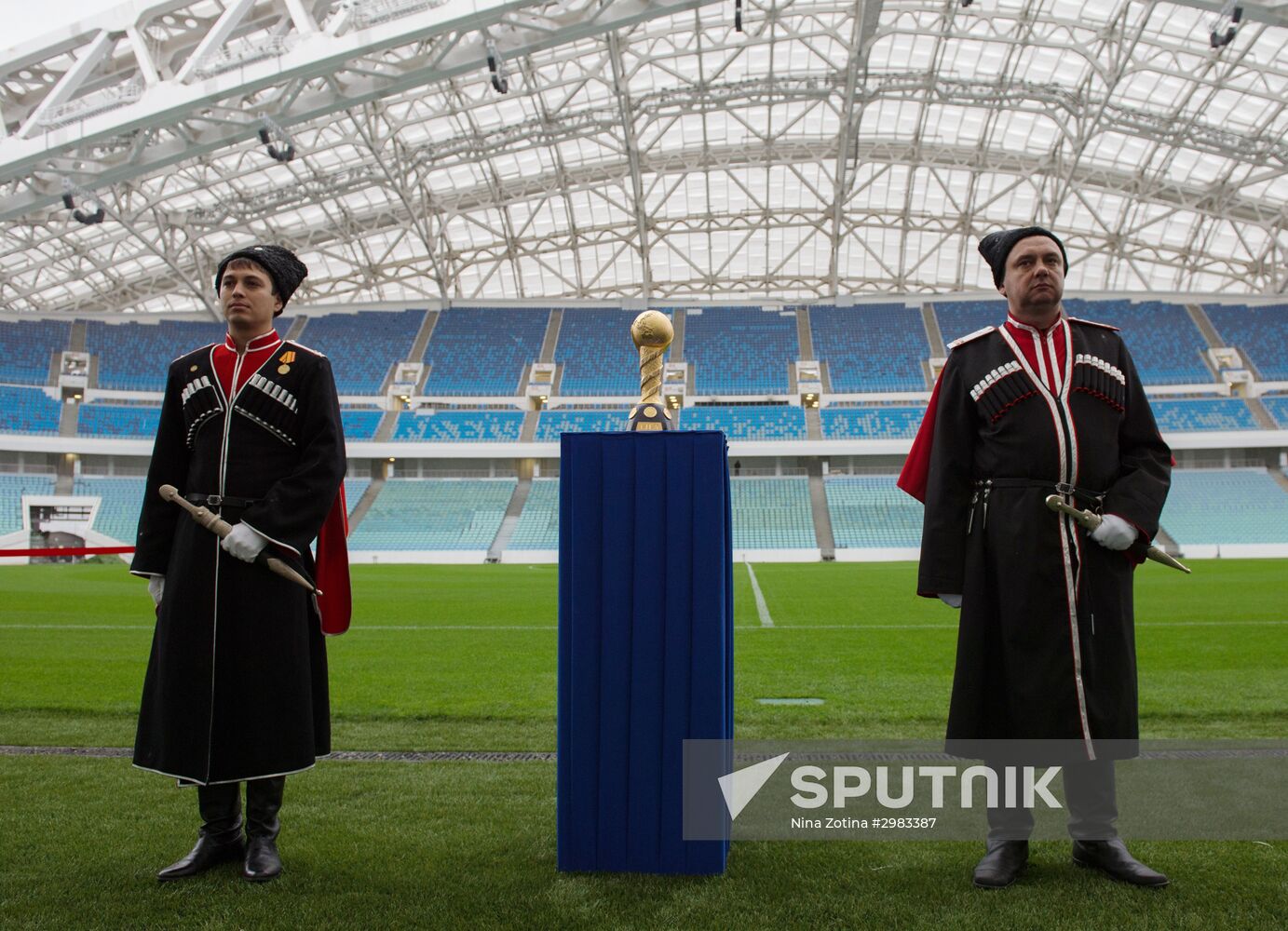 Trophy of FIFA Confederations Cup on display at Fisht Stadium in Sochi