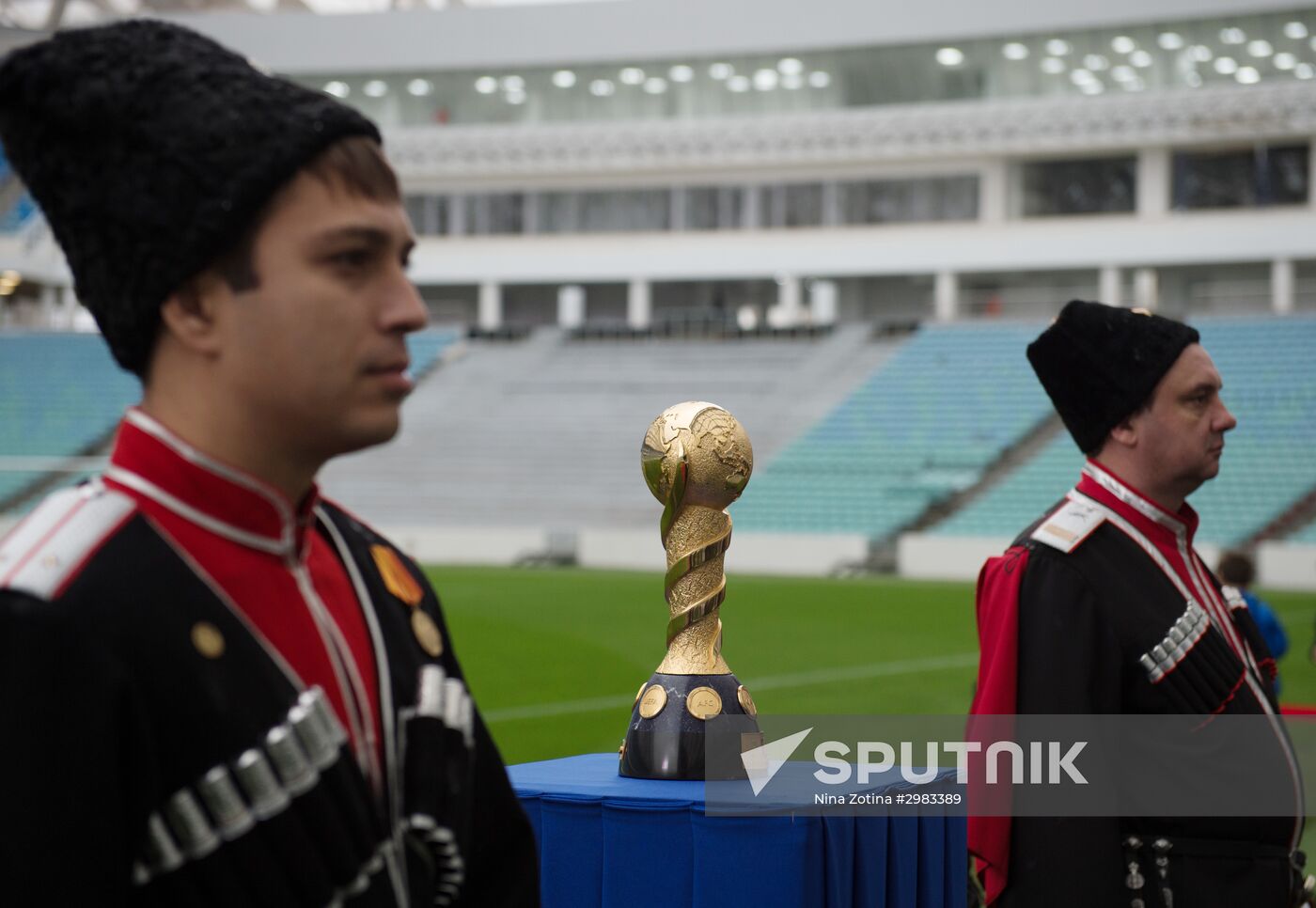 Trophy of FIFA Confederations Cup on display at Fisht Stadium in Sochi