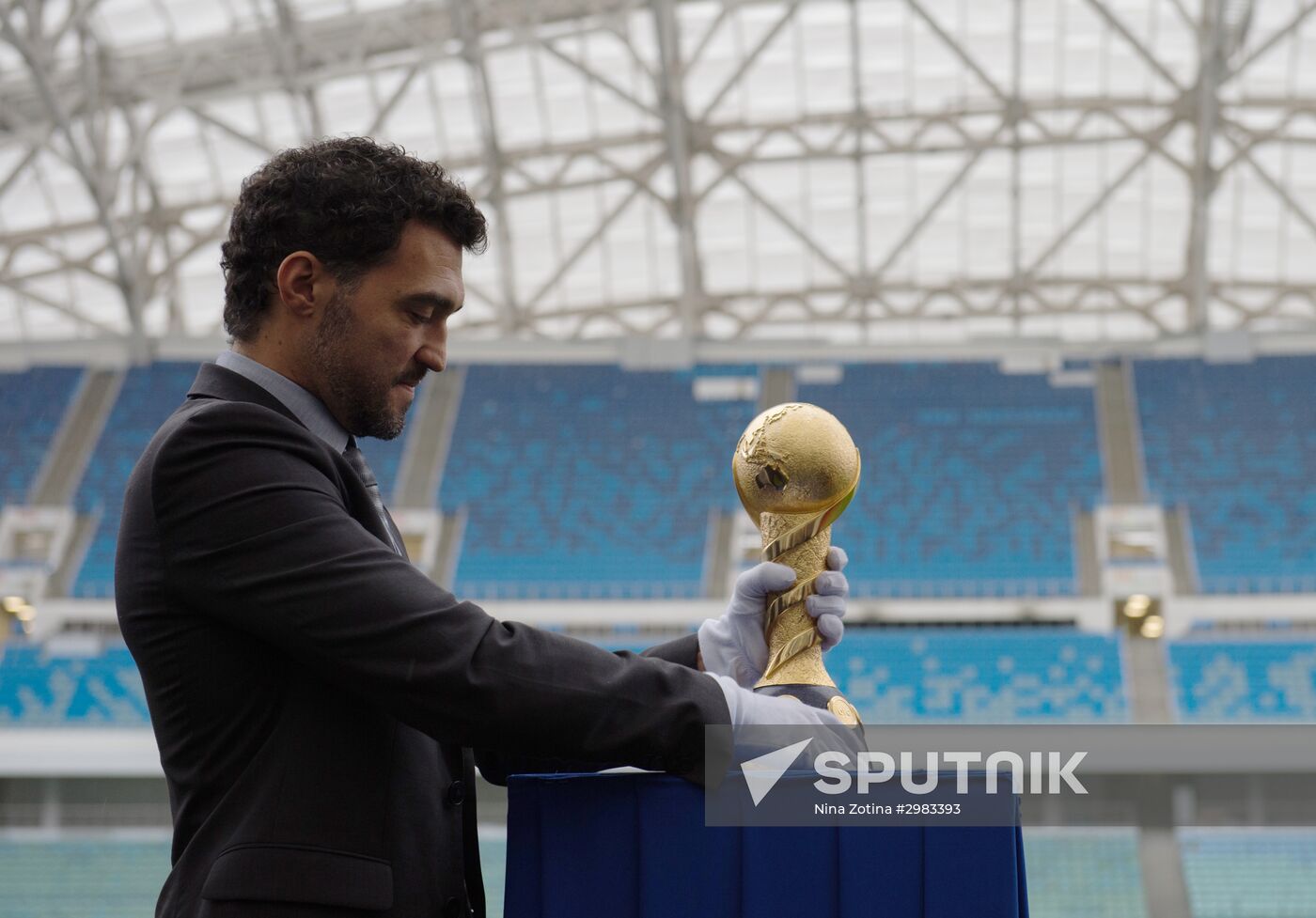 Trophy of FIFA Confederations Cup on display at Fisht Stadium in Sochi