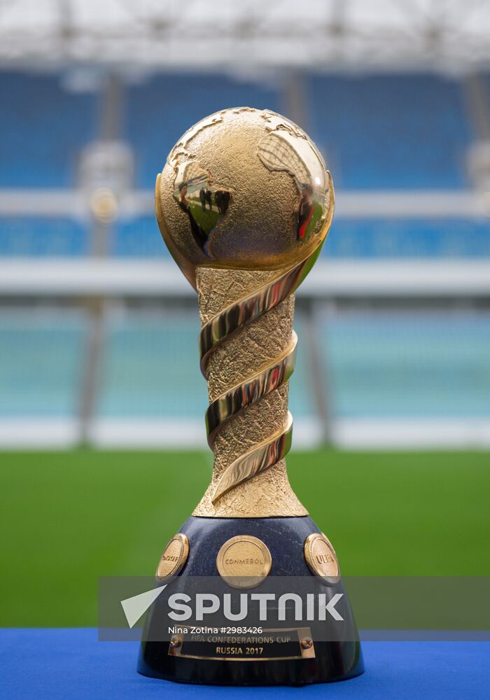 Trophy of FIFA Confederations Cup on display at Fisht Stadium in Sochi