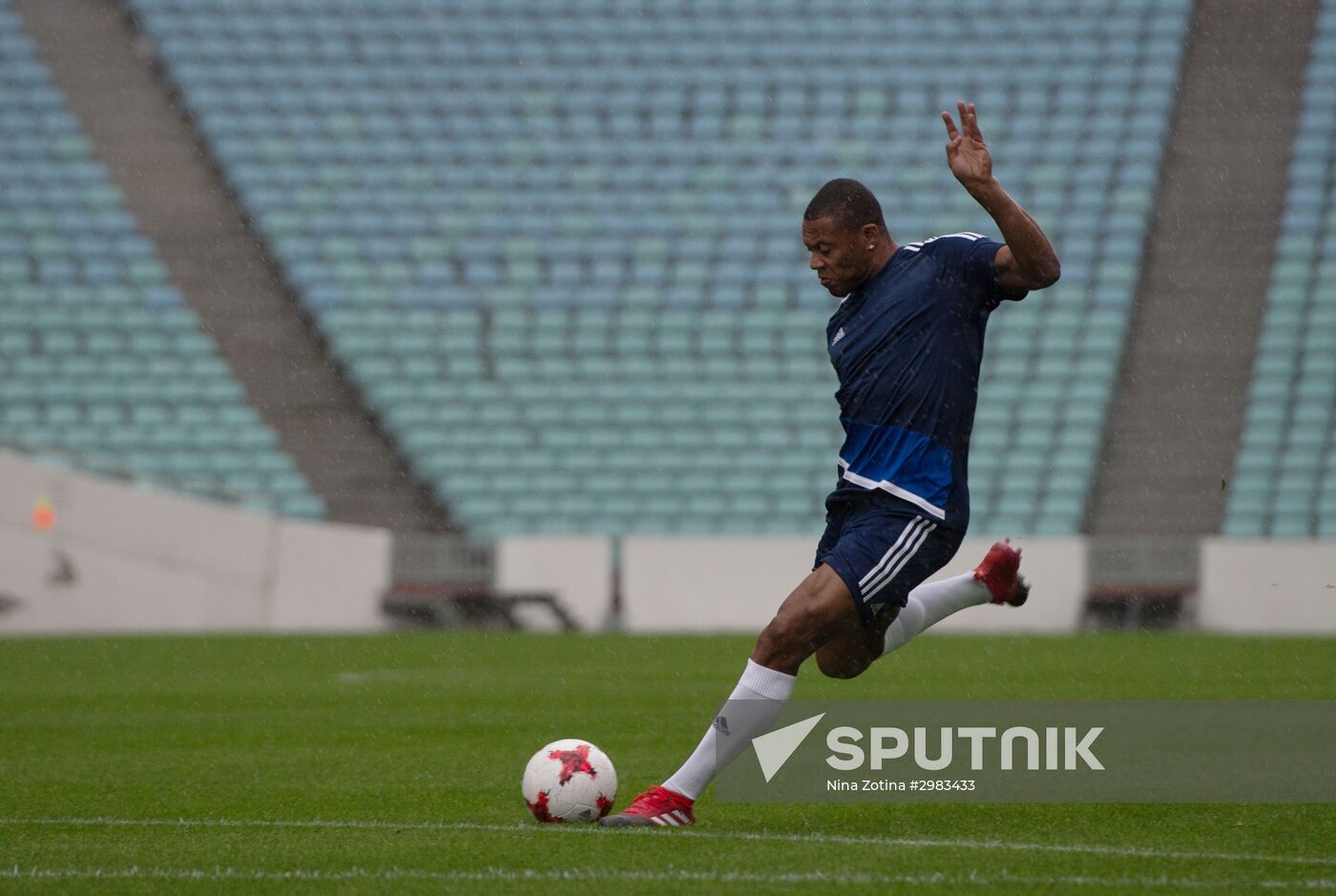 Trophy of FIFA Confederations Cup on display at Fisht Stadium in Sochi