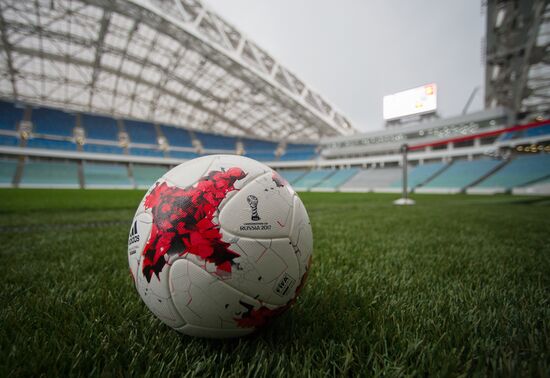 Trophy of FIFA Confederations Cup on display at Fisht Stadium in Sochi