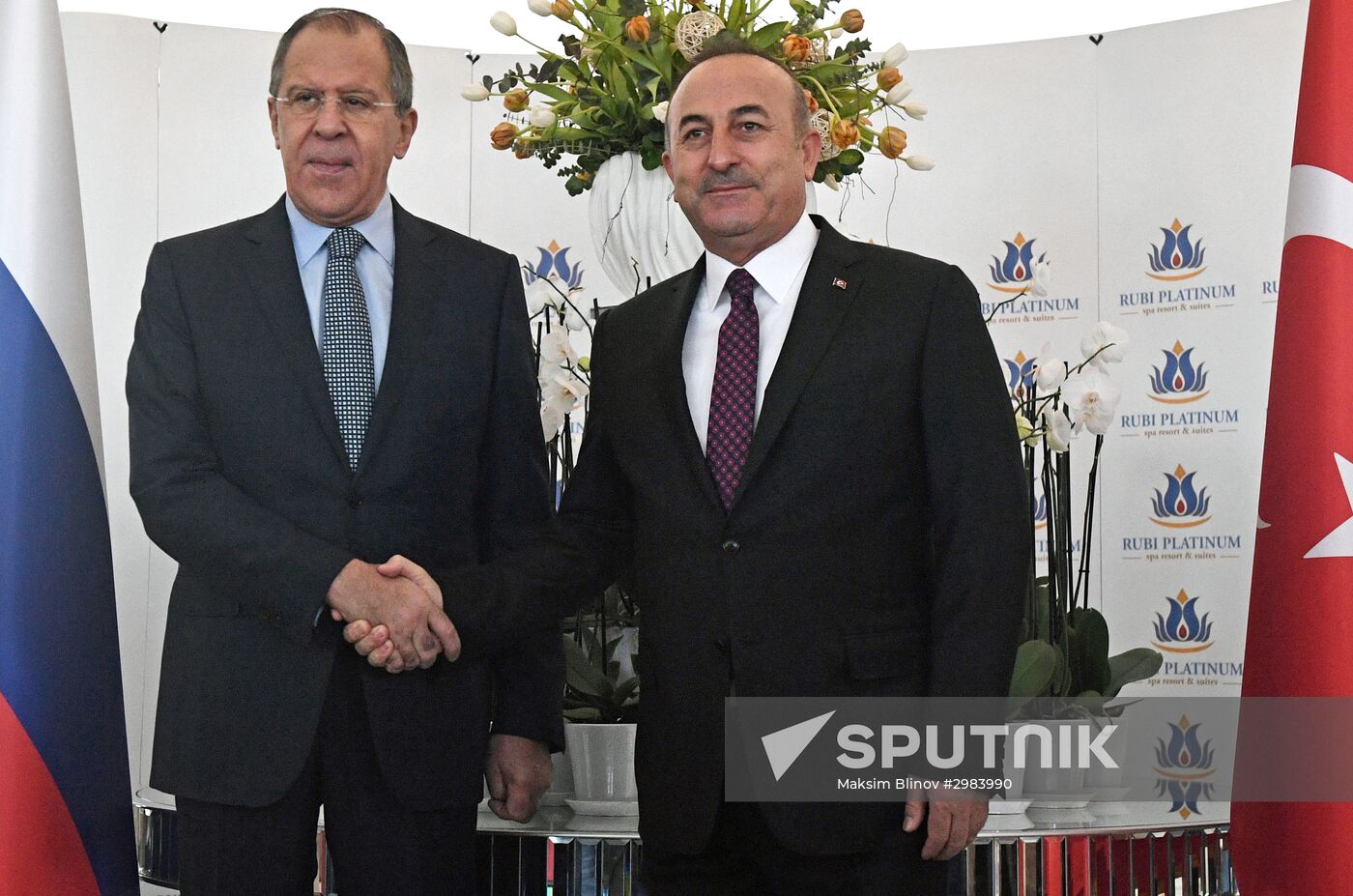 Russian Foreign Minister Sergei Lavrov, left, and Turkish Foreign Minister Mevlut Cavusoglu meet in Alanya. Location: Turkey. Author: Maksim Blinov/Sputnik. Russian Foreign Minister Sergei Lavrov visits Turkey