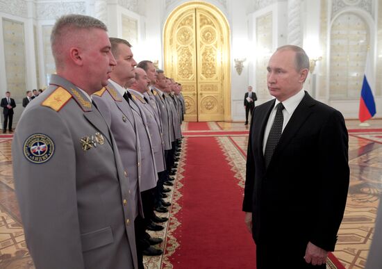 President Vladimir Putin meets with Supreme Officers in Kremlin