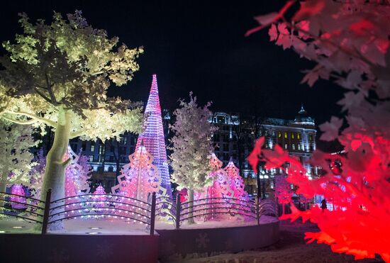 Test run of "Musical Forest" light art installation on Pushkinskaya Square