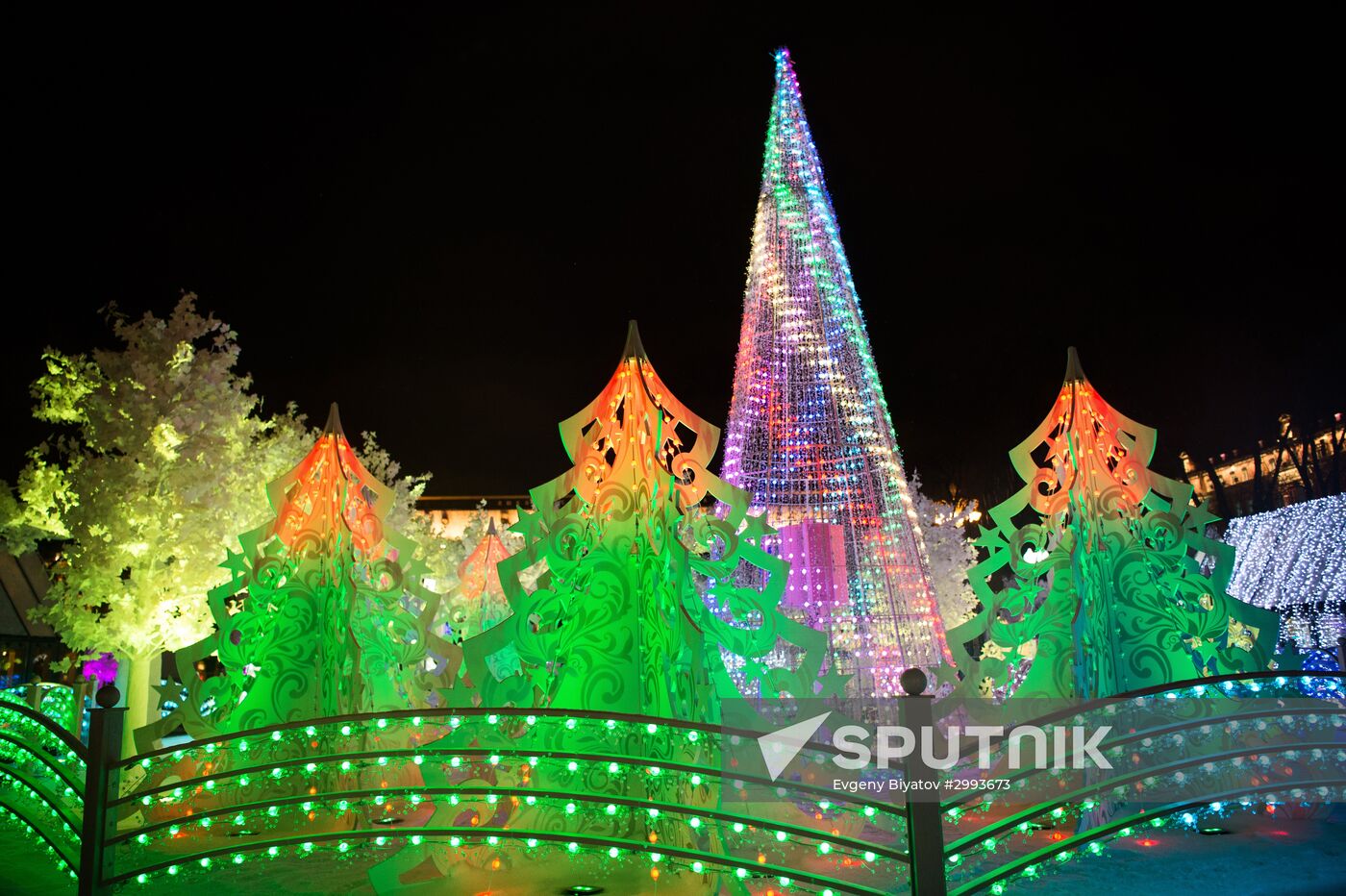 Test run of "Musical Forest" light art installation on Pushkinskaya Square