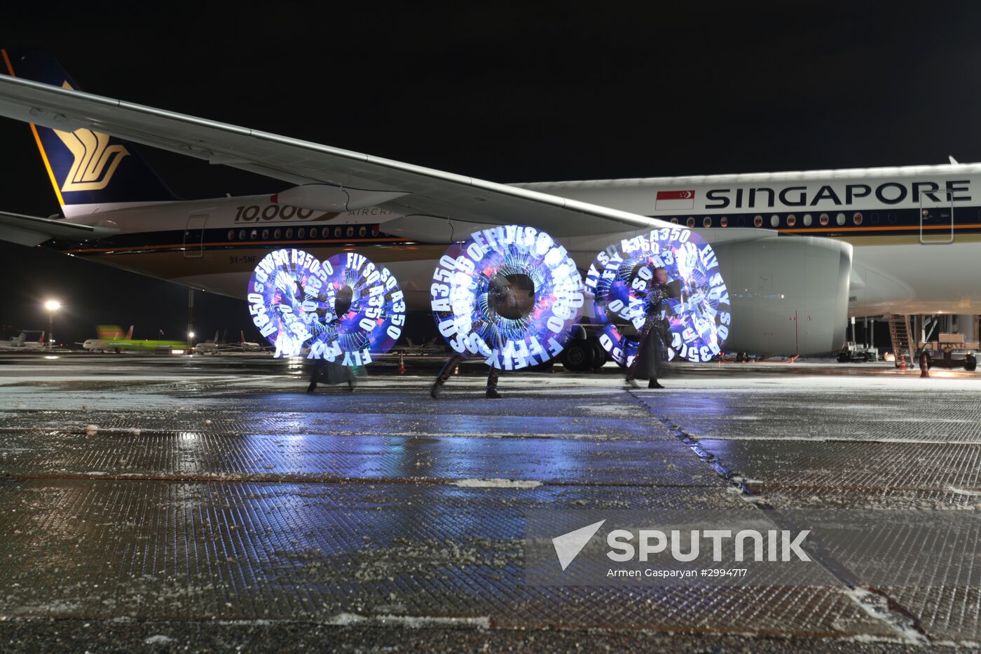 New generation airplane Airbus a350-900 Singapore Airlines operated first scheduled flight to Russia