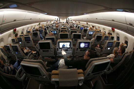 New generation airplane Airbus a350-900 Singapore Airlines operated first scheduled flight to Russia