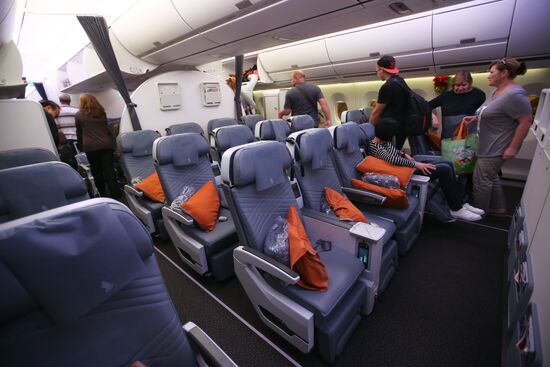 New generation airplane Airbus a350-900 Singapore Airlines operated first scheduled flight to Russia