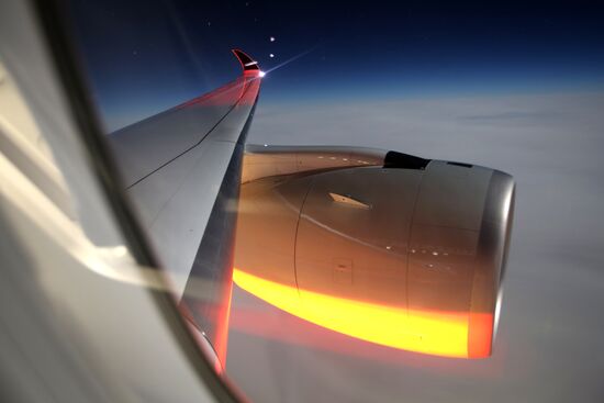New generation airplane Airbus a350-900 Singapore Airlines operated first scheduled flight to Russia