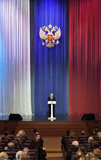 President Vladimir Putin speaks at a gala evening devoted to the Day of Security Workers