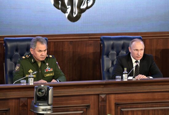 Russian President Vladimir Putin takes part in extended board session of Russian Defence Ministry