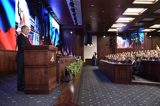 Russian President Vladimir Putin takes part in extended board session of Russian Defence Ministry