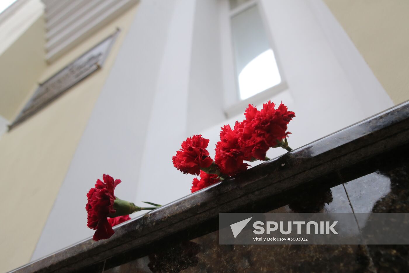 Journalists outside Alexandrov Song and Dance Ensemble building