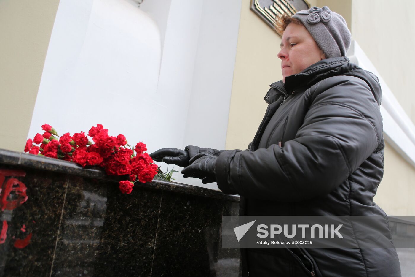 Journalists outside Alexandrov Song and Dance Ensemble building