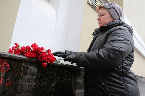 Journalists outside Alexandrov Song and Dance Ensemble building