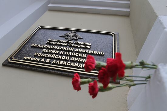 Journalists outside Alexandrov Song and Dance Ensemble building