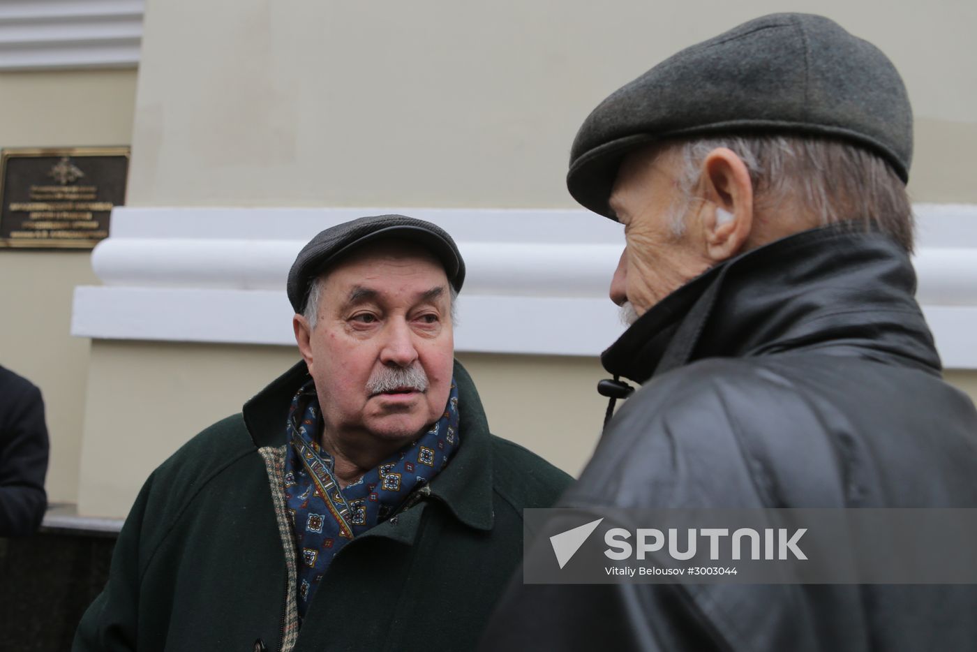 Journalists outside Alexandrov Song and Dance Ensemble building