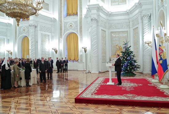 President Vladimir Putin addresses New Year reception at the Kremlin