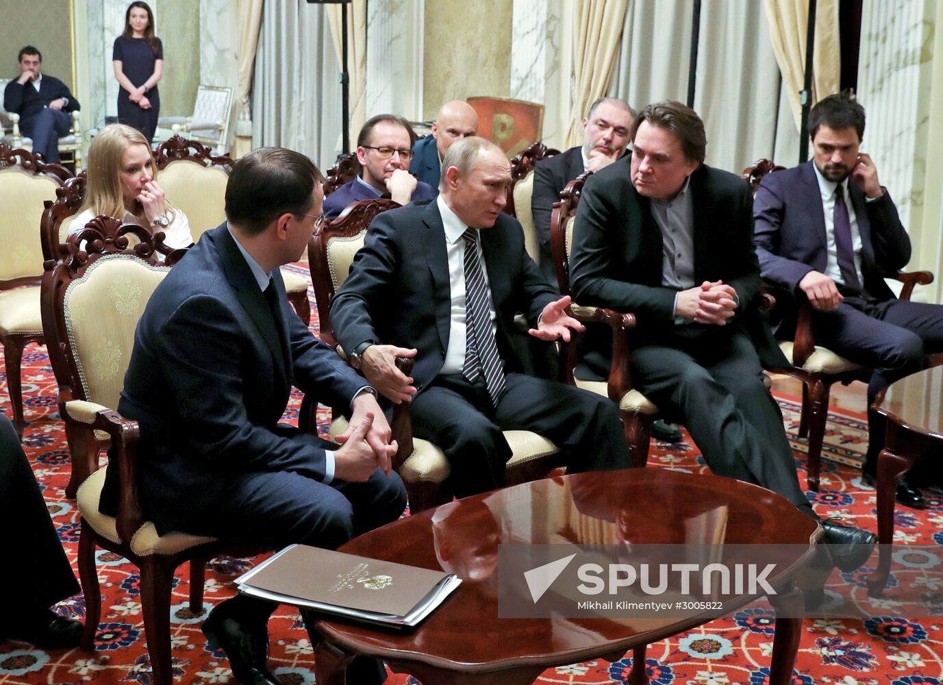 December 30, 2016. Russian President Vladimir Putin meets with the film crew of The Viking film based on the Primary Chronicle. Left: Russian Minister of Culture Vladimir Medinsky. From right: actor Danila Kozlovsky and the film's producer Konstantin Ernst, Channel One CEO. Location: Russia, Moscow. Author: Mikhail Klimentyev/Sputnik. President Putin meets with The Viking film crew