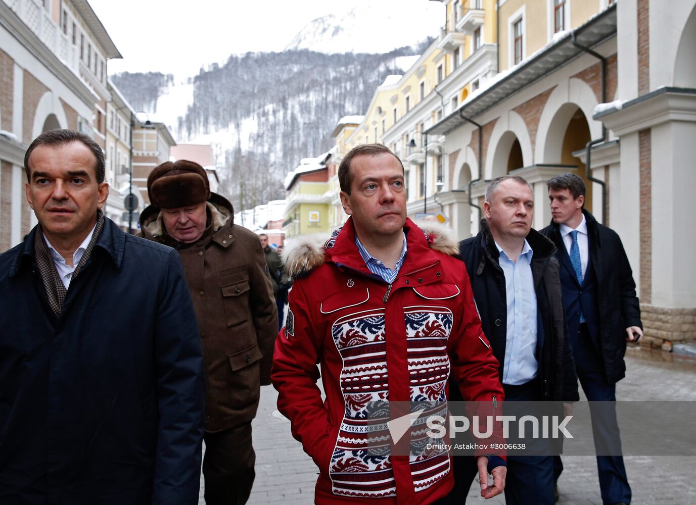 Russian Prime Minister Dmitry Medvedev examines Gorky Gorod ski resort in Sochi