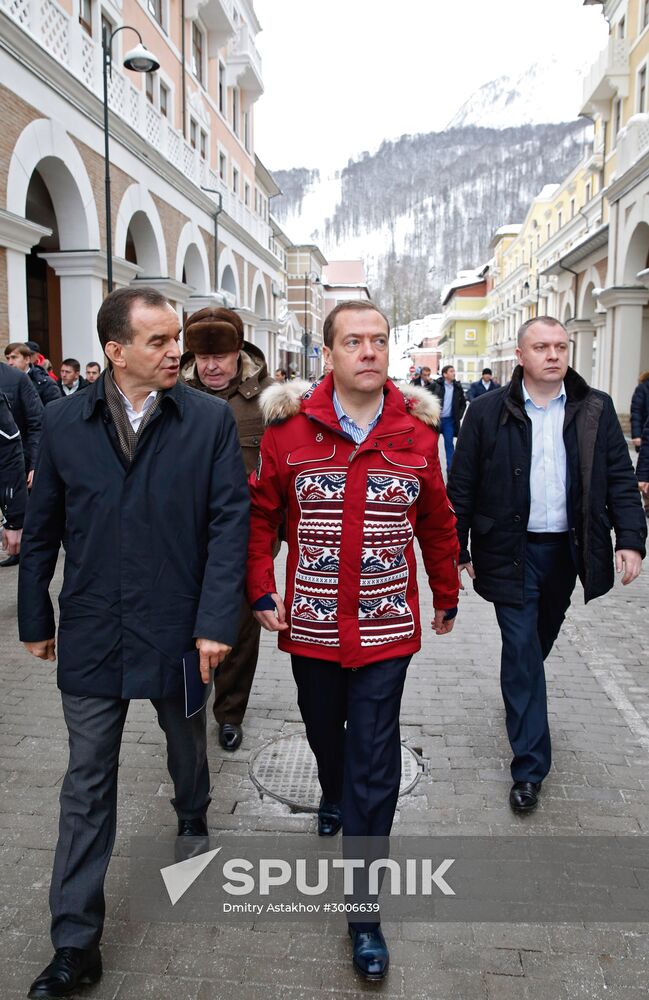 Russian Prime Minister Dmitry Medvedev examines Gorky Gorod ski resort in Sochi