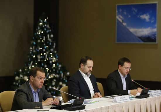 Russian Prime Minister Dmitry Medvedev examines Gorky Gorod ski resort in Sochi