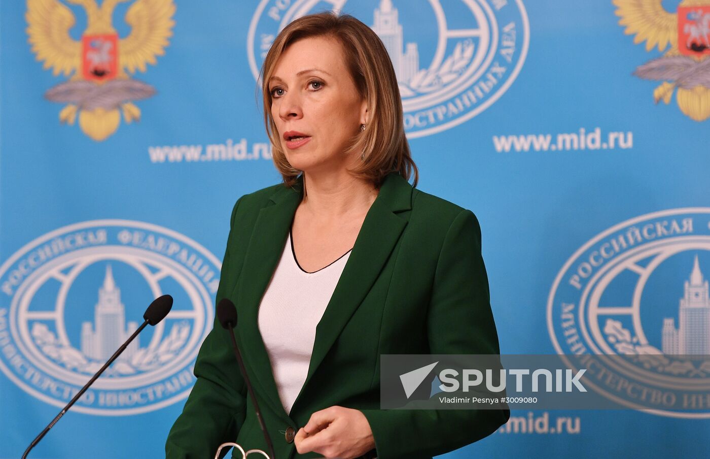 Russian Foreign Ministry Spokesperson Maria Zakharova at a briefing