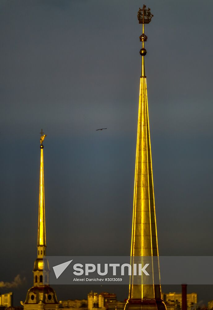 View of the Admiralty building and the Peter and Paul's Cathedral from the gallery of the St. Isaac's Cathedral in St. Petersburg. Location: Russia, St. Petersburg. Author: Alexei Danichev/Sputnik. Russian cities. St. Petersburg