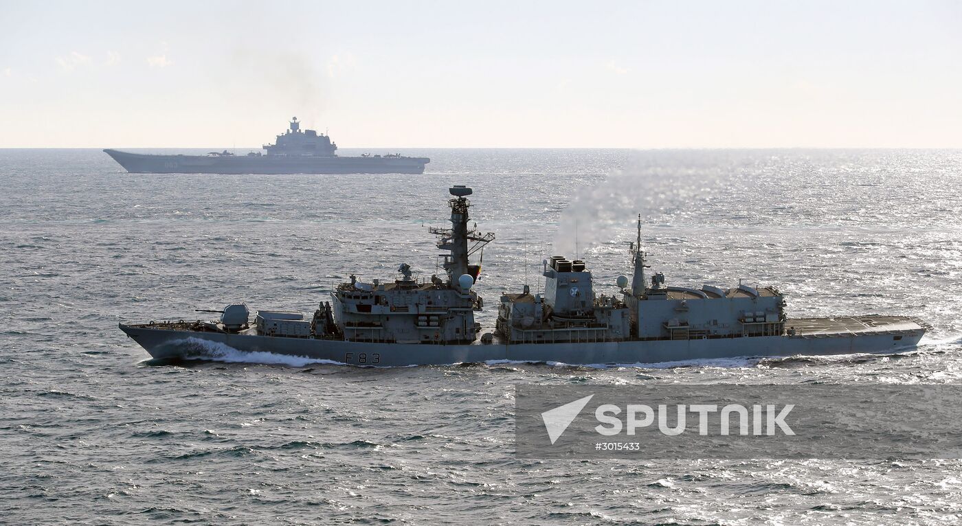 British Navy and Air Force escort Admiral Kuznetsov aircraft carrier through the English Channel