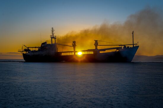 Ship Yeruslan burns in Amur Bay near Vladivostok